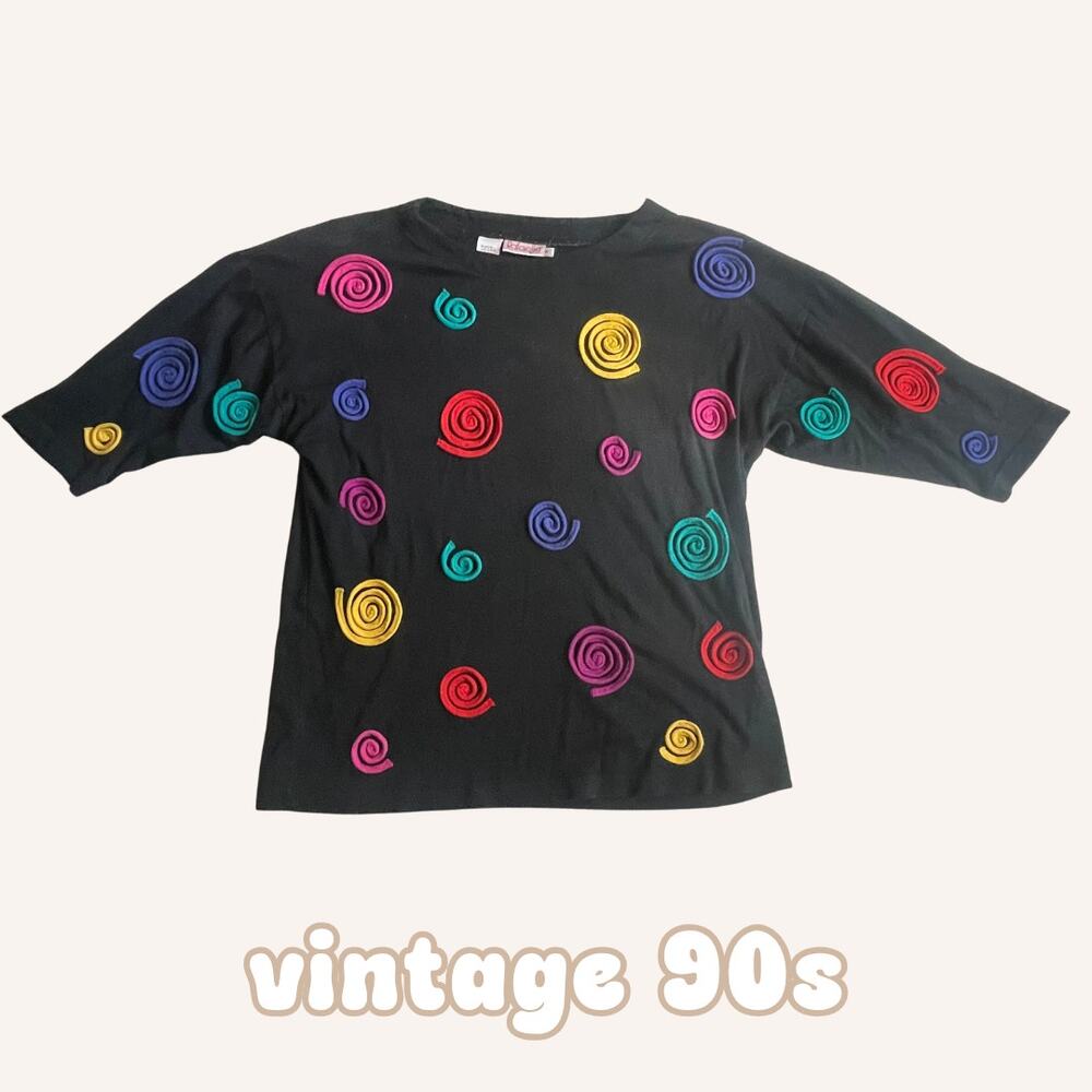 RAFAELLA shirt vintage 90s swirl applique top m black neon primary 3D spiral